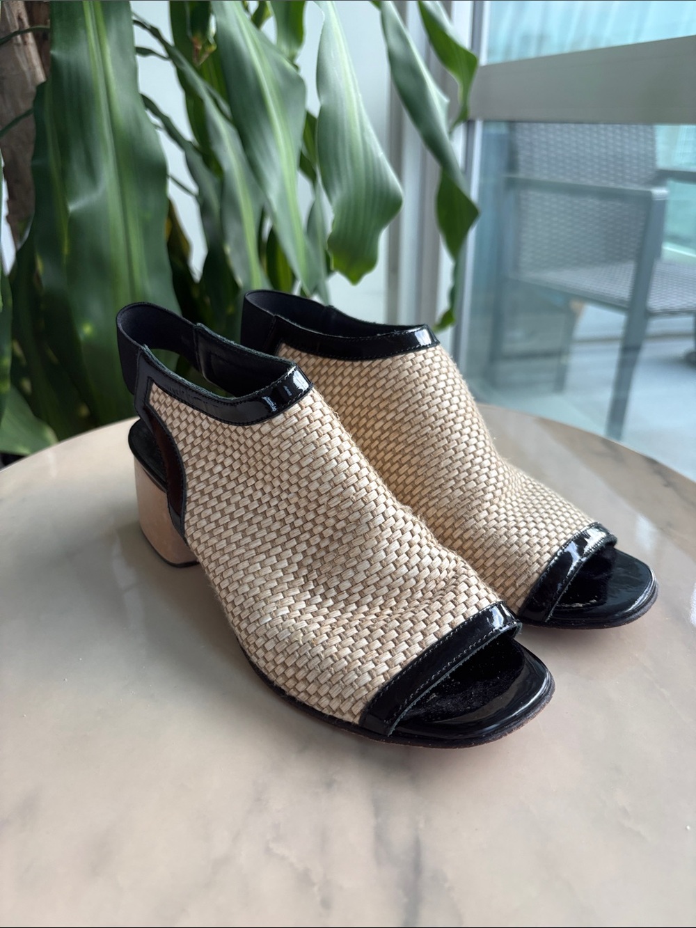 Mishka Beige Woven Raffia Slingback Mules with Black Patent Trim